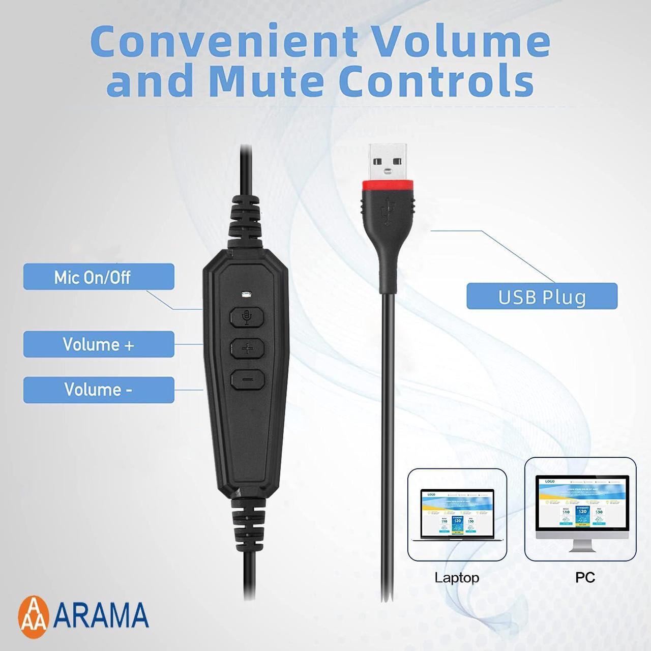 Alt view image 5 of 5 - Arama USB Headset with Microphone for PC, Computer Laptop Headphones with Noise Cancelling Mic & Audio Controls for Home Office Business Skype UC Webinar Zoom