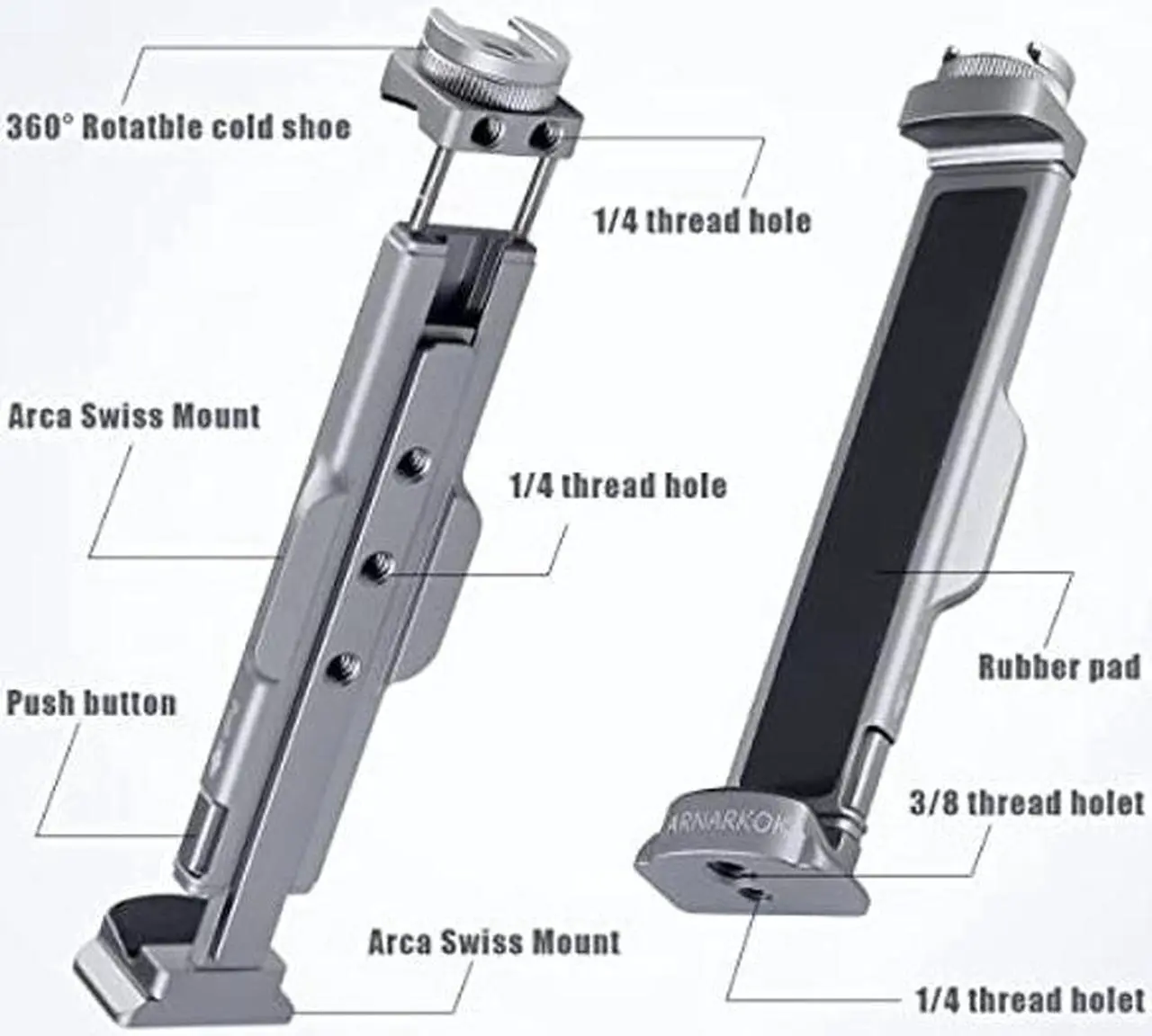 Alt view image 4 of 5 - ARNARKOK Pad Tripod Mount Adapter w Rotatable Cold Shoe,1/4" &3/8" Screw, Acra Swiss Mounts,All Metal iPad Holder for Tripod, Tablet Stand Compatible with iPad Pro 12.9, iPad Air 2 3 4,Galaxy