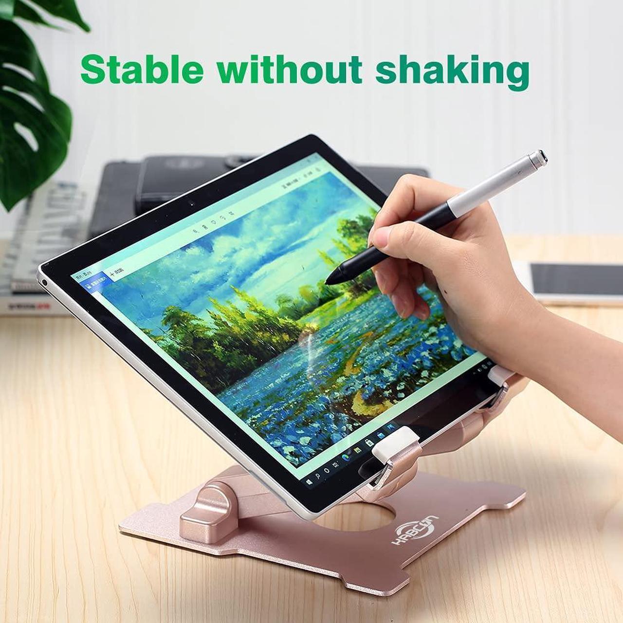 Alt view image 4 of 5 - KABCON Tablet Stand,[(Updated)]  Adjustable Eye-Level Aluminum Solid Desktop Stand Holder,Compatible with iPad Series,Microsoft Surface Series,Samsung,Kindle Fire,Etc.Up to 15'' Tablets-Pink