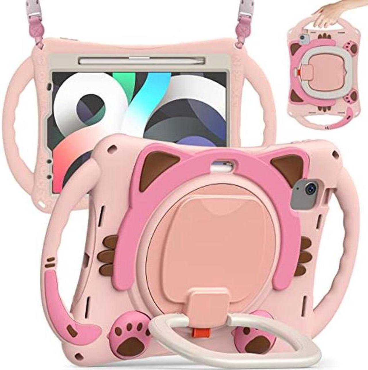 Main image of BATYUE iPad Air 5th/4th Generation Case 10.9 inch (2022/2020), iPad Pro 11" 4th/3rd/2nd/1st Gen Cat Kids Case (2022/2021/2020/2018), with Pencil Holder+Kickstand+Shoulder Strap (Pink)