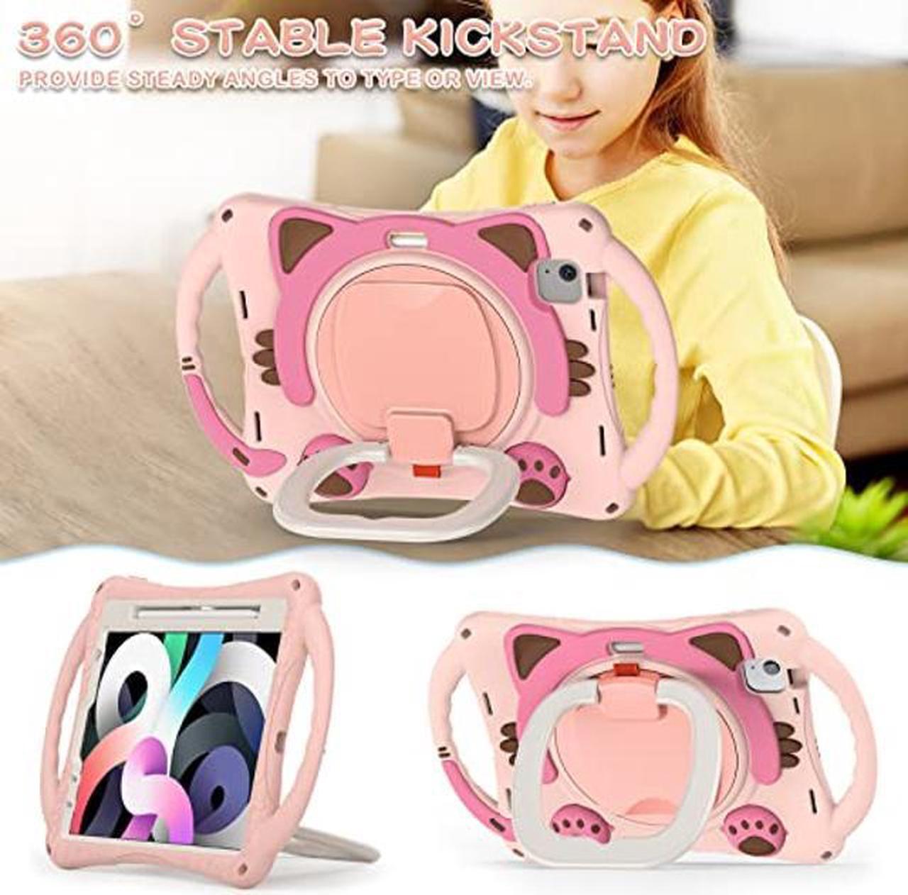 Alt view image 4 of 5 - BATYUE iPad Air 5th/4th Generation Case 10.9 inch (2022/2020), iPad Pro 11" 4th/3rd/2nd/1st Gen Cat Kids Case (2022/2021/2020/2018), with Pencil Holder+Kickstand+Shoulder Strap (Pink)