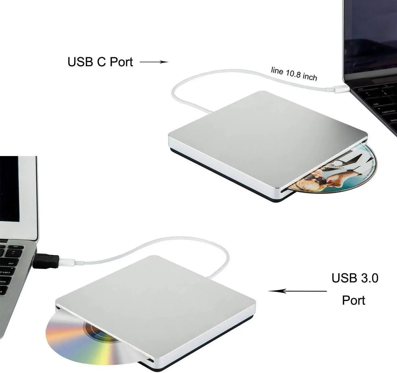 Alt view image 2 of 5 - Aouan External CD DVD Drive Burner/Portable/Slim/Reader/Type-c/USB-C Drive(Equipped with USB 3.0 Adapter) for MacBook Pro/PC/Mac/Laptop/Air Windows7/ Windows8 /Windows10 (Sliver)