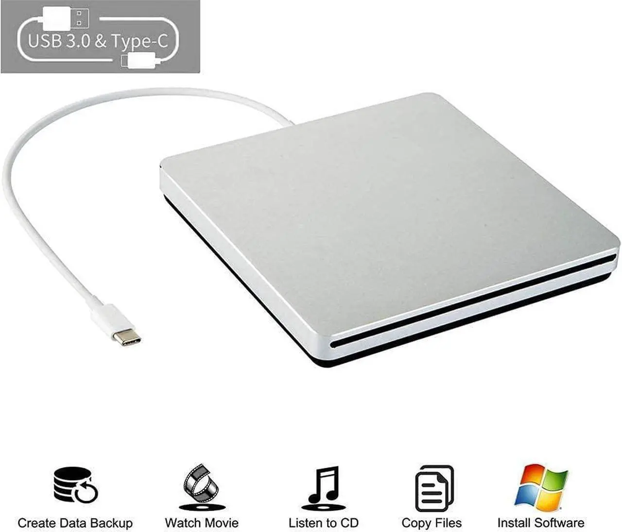 Alt view image 3 of 5 - Aouan External CD DVD Drive Burner/Portable/Slim/Reader/Type-c/USB-C Drive(Equipped with USB 3.0 Adapter) for MacBook Pro/PC/Mac/Laptop/Air Windows7/ Windows8 /Windows10 (Sliver)