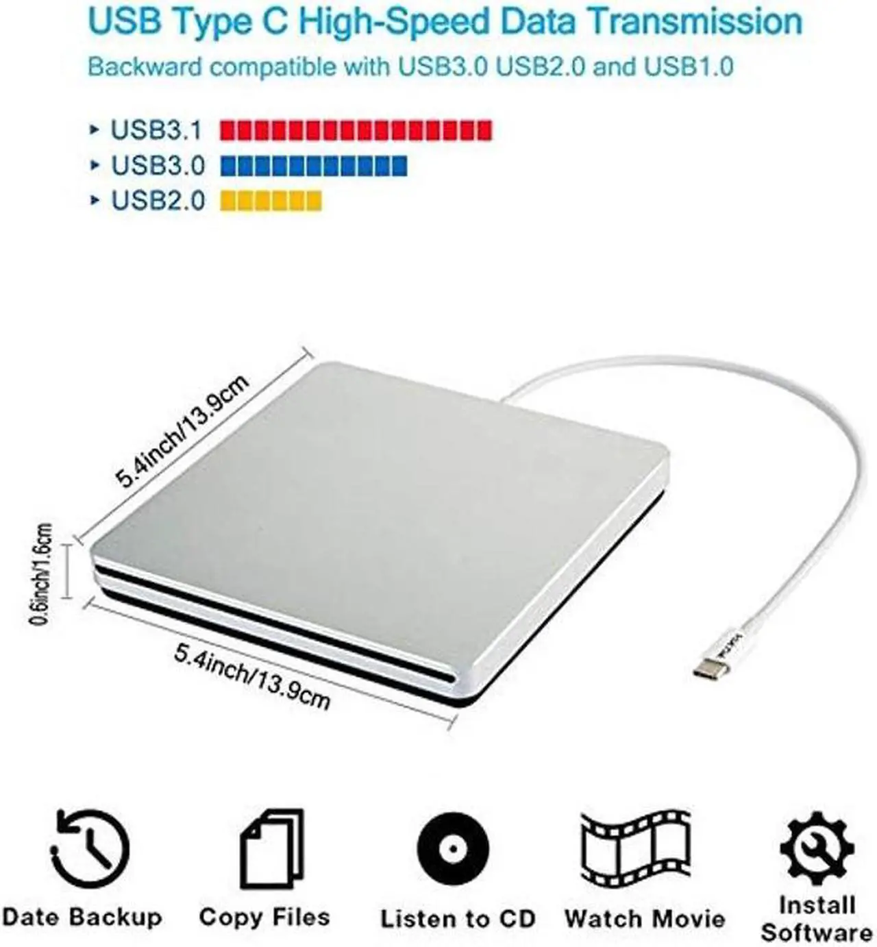 Alt view image 4 of 5 - Aouan External CD DVD Drive Burner/Portable/Slim/Reader/Type-c/USB-C Drive(Equipped with USB 3.0 Adapter) for MacBook Pro/PC/Mac/Laptop/Air Windows7/ Windows8 /Windows10 (Sliver)