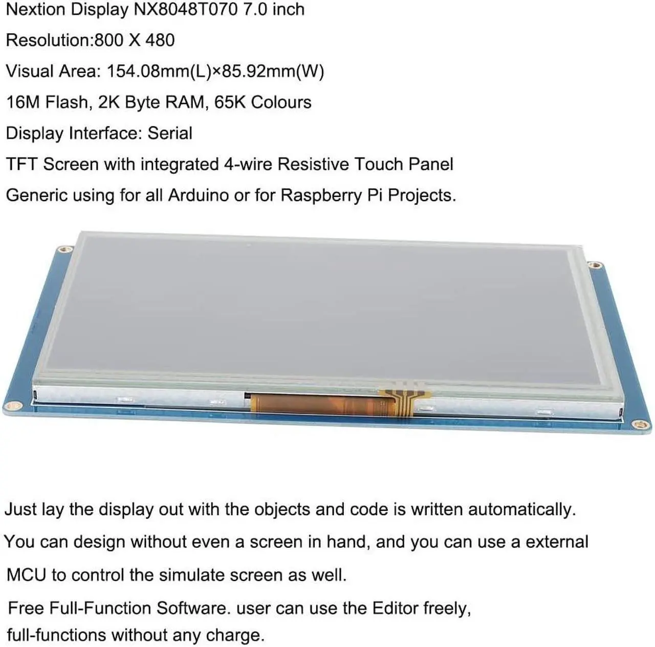 Alt view image 2 of 5 - Ferwooh Nextion Basic Display 7.0'' NX8048T070 7.0inch TFT Resistive Touch Screen Panel 800x480 UART HMI Intelligent LCD Display Module
