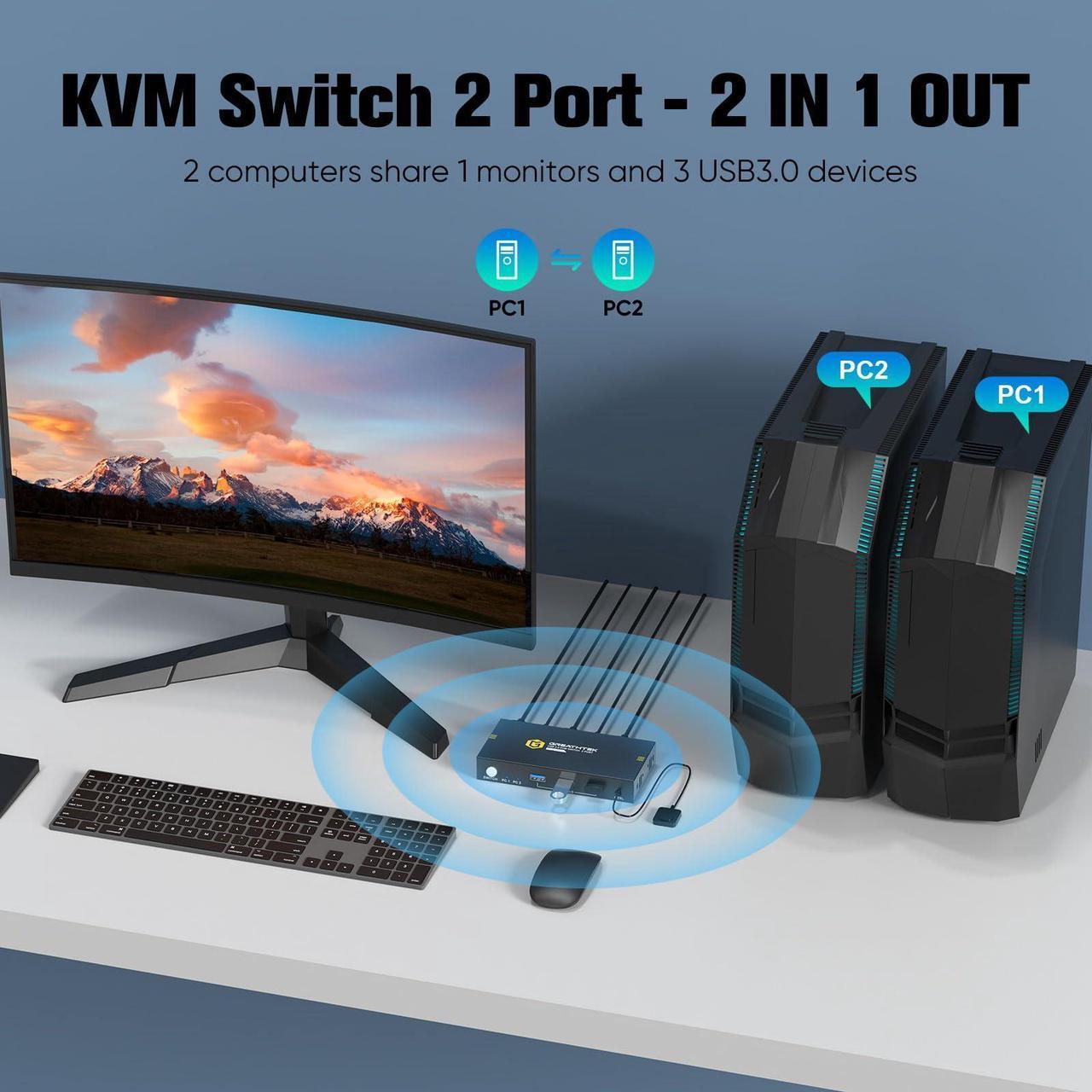 Alt view image 2 of 5 - KVM Switches 2 Port 8K@60Hz, GREATHTEK KVM Switch HDMI Share USB Devices with 3 USB3.0 Hubs, 2 Computers 1 Monitor Share Keyboard Mouse Printer, Button Switch Desktop Remote Control, Plug and Play
