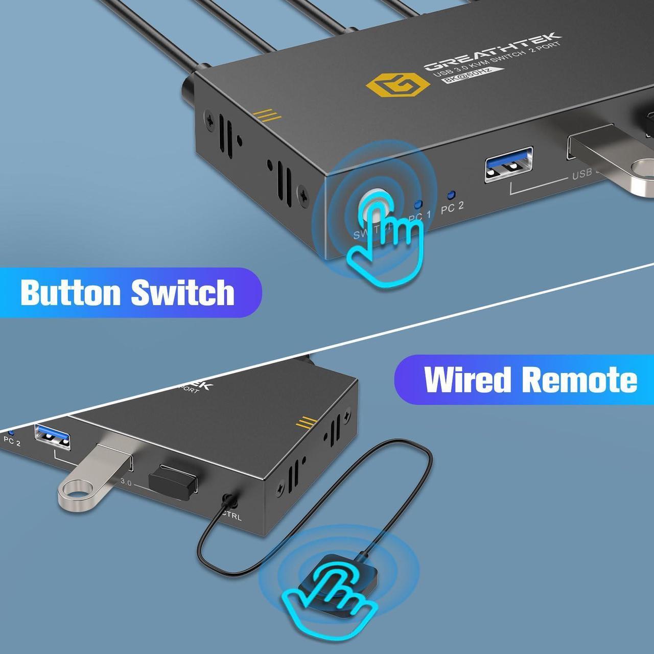 Alt view image 5 of 5 - KVM Switches 2 Port 8K@60Hz, GREATHTEK KVM Switch HDMI Share USB Devices with 3 USB3.0 Hubs, 2 Computers 1 Monitor Share Keyboard Mouse Printer, Button Switch Desktop Remote Control, Plug and Play