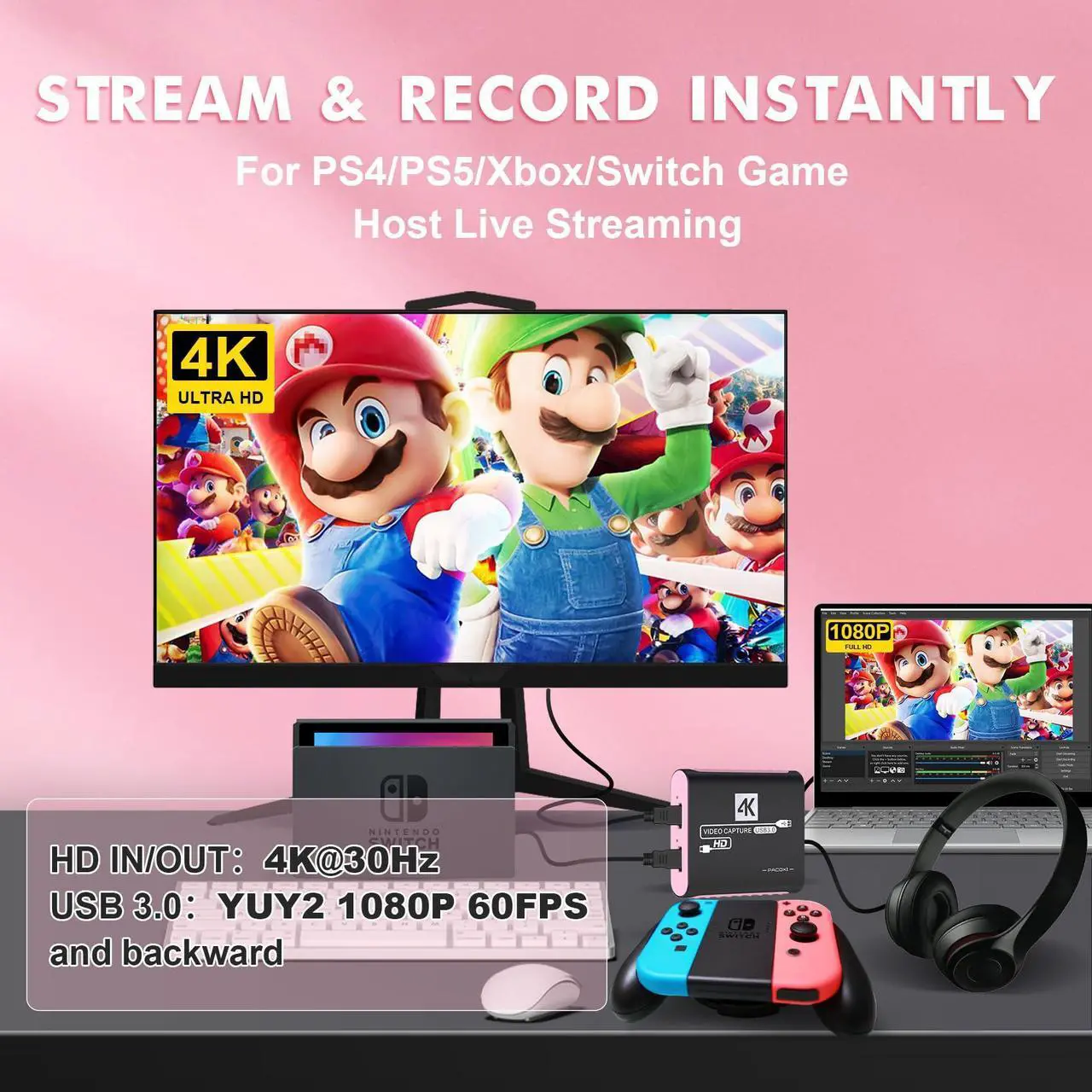 Alt view image 2 of 5 - Capture Card with 4K HDMI Passthrough,USB 3.0 Audio Video Capture Card for Windows/Mac OS OBS/Twitch/YouTube/Tiktok Live Streaming and Recording,for Switch/PS5/Xbox/PS4/Steam Deck/PC/Camera