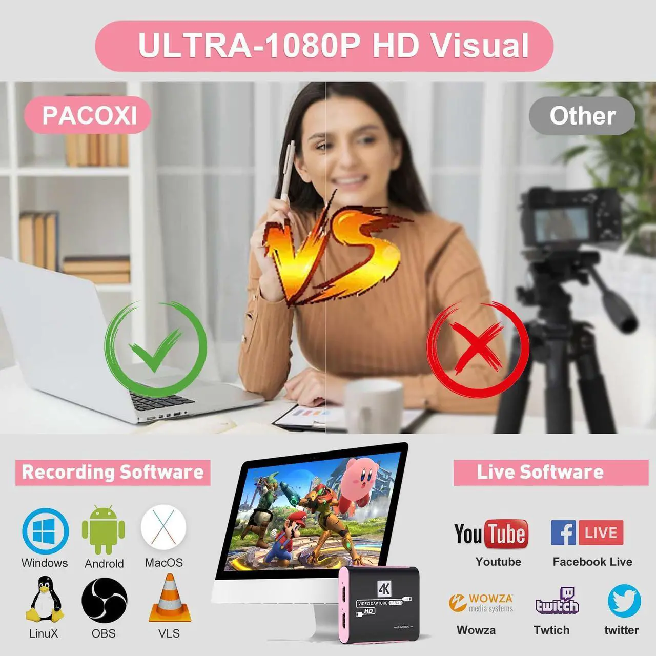Alt view image 5 of 5 - Capture Card with 4K HDMI Passthrough,USB 3.0 Audio Video Capture Card for Windows/Mac OS OBS/Twitch/YouTube/Tiktok Live Streaming and Recording,for Switch/PS5/Xbox/PS4/Steam Deck/PC/Camera