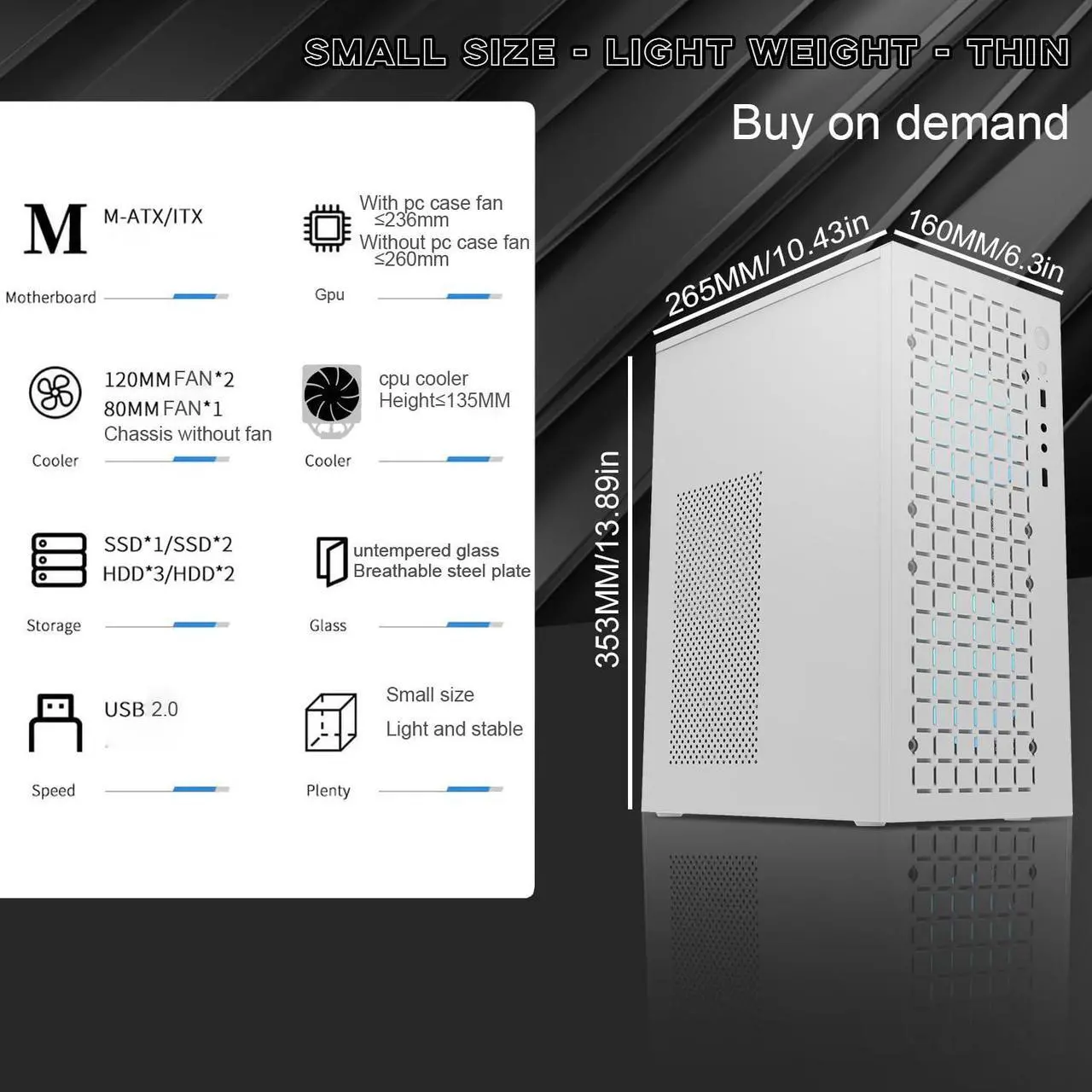 Alt view image 2 of 5 - TGDGAMER matx case,itx case,High Airflow Micro ATX PC Case, Support MATX, Mini-ITX, Micro ATX case Slim with USB2.0x2 I/O Port, White Without Fans, H6-3000 AIRFLOW-W