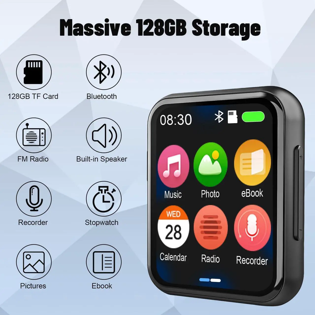 Alt view image 2 of 5 - 128GB MP3 Player with Bluetooth 5.3, Portable Digital Lossless Music Player with Built-in Speaker, 2.0 in Full Touch Screen, HiFi Sound, FM Radio, Voice Recorder, Earphones Included