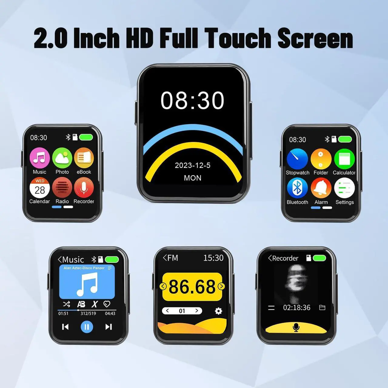 Alt view image 5 of 5 - 128GB MP3 Player with Bluetooth 5.3, Portable Digital Lossless Music Player with Built-in Speaker, 2.0 in Full Touch Screen, HiFi Sound, FM Radio, Voice Recorder, Earphones Included