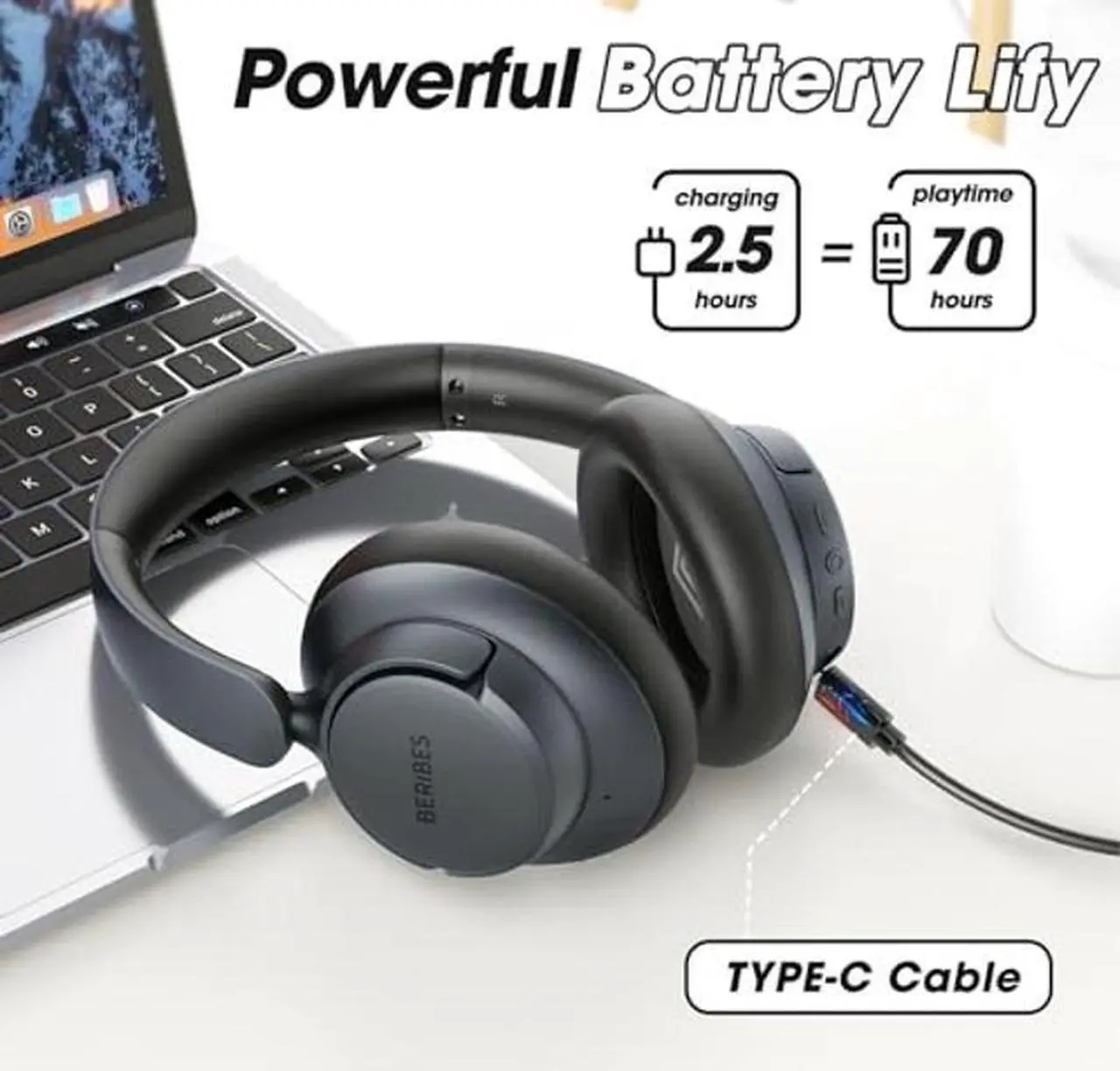 Alt view image 3 of 5 - BERIBES Upgraded Hybrid Active Noise Cancelling Headphones with Transparent Modes,70H Playtime Bluetooth Headphones Wireless Bluetooth with Mic, Deep Bass,3.5MM Cable,Soft-Earpads,Fast Charging-Black