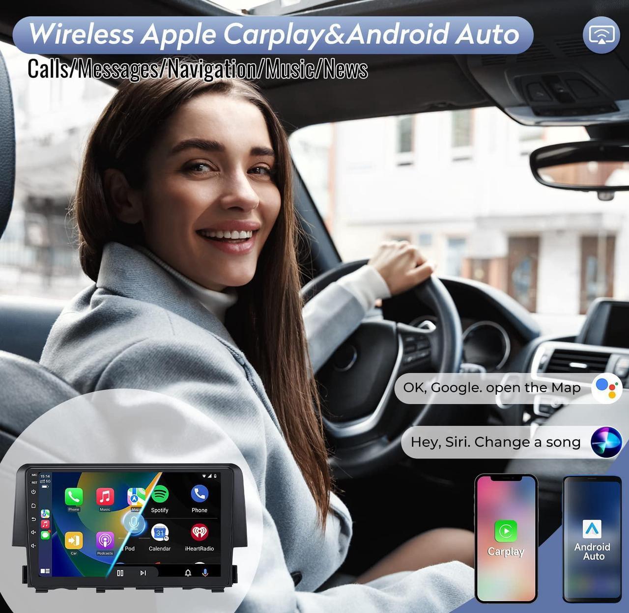 Alt view image 3 of 5 - 2+32 Android 12 for 2015-2021 Honda Civic Radio, 9" HD Touch Screen Car Stereo with Wireless Carplay & Android Auto, Mirror Link, Bluetooth, WiFi, GPS Navigation, Backup Camera
