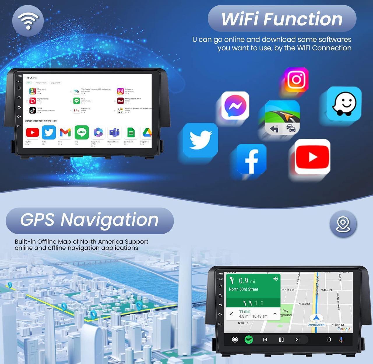 Alt view image 5 of 5 - 2+32 Android 12 for 2015-2021 Honda Civic Radio, 9" HD Touch Screen Car Stereo with Wireless Carplay & Android Auto, Mirror Link, Bluetooth, WiFi, GPS Navigation, Backup Camera