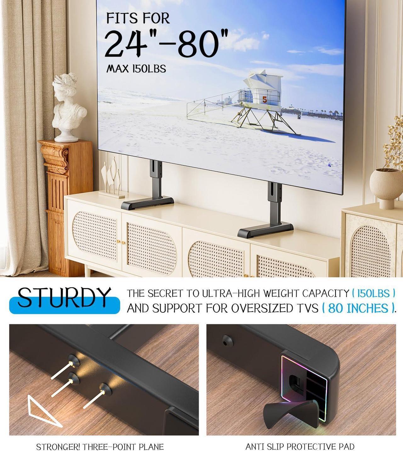 Alt view image 2 of 5 - Universal TV Stand, Table Top TV Stand Base Wobble-Free Replacement for Most 24 to 80 Inch LCD LED TVs, 7 Height Adjustable TV Legs Hold up to 150lbs, Max VESA 800x500mm, Black AX10TB02