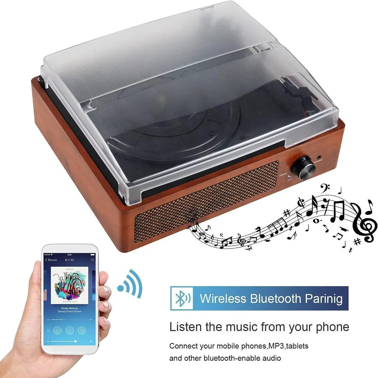 Alt view image 2 of 5 - Bluetooth Turntable Vinyl Record Player with Speakers, 3 Speed Belt Driven Vintage Player for Entertainment AUX in RCA Out