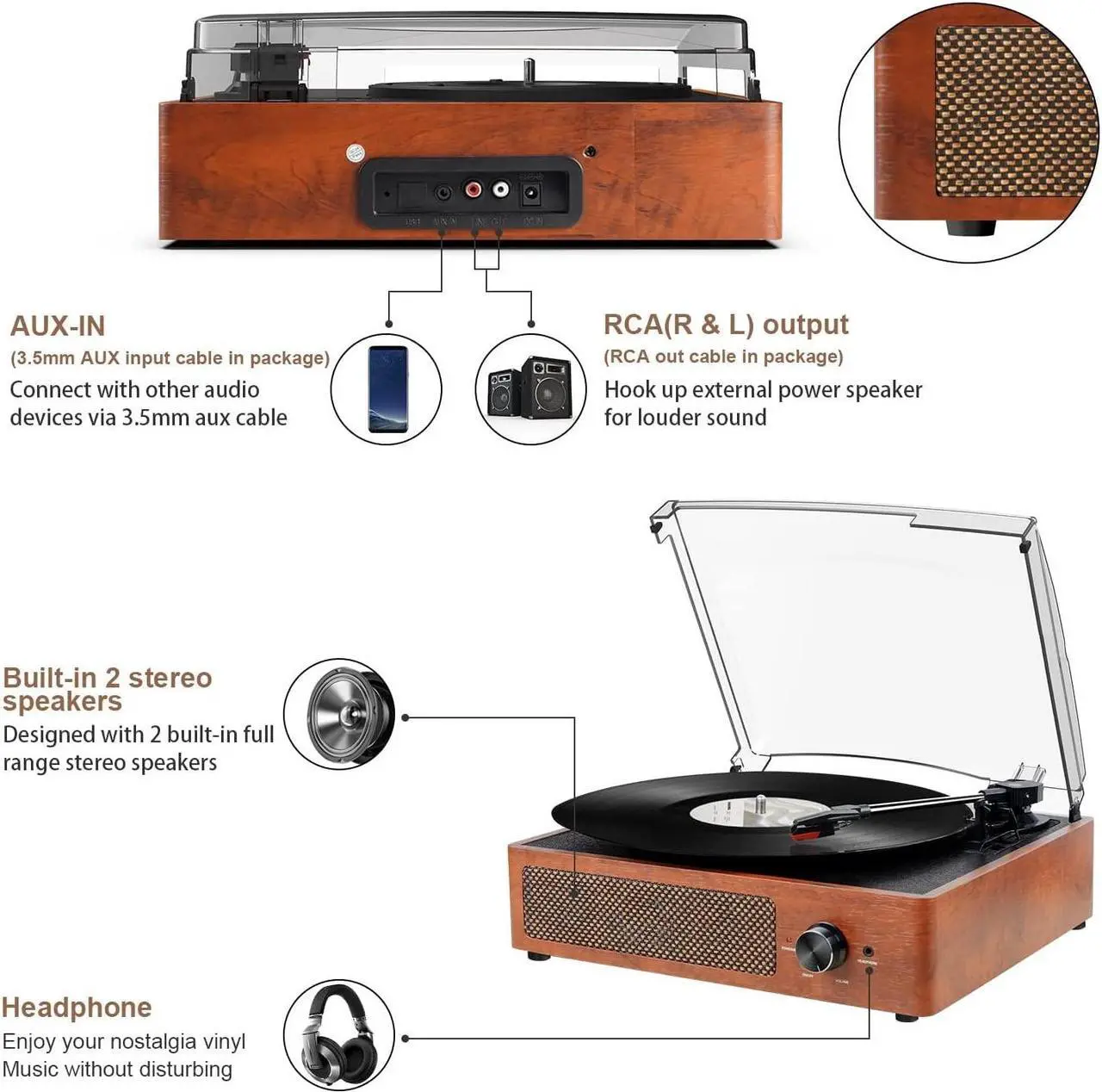 Alt view image 3 of 5 - Bluetooth Turntable Vinyl Record Player with Speakers, 3 Speed Belt Driven Vintage Player for Entertainment AUX in RCA Out
