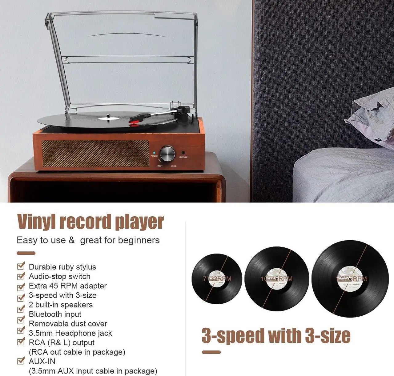 Alt view image 4 of 5 - Bluetooth Turntable Vinyl Record Player with Speakers, 3 Speed Belt Driven Vintage Player for Entertainment AUX in RCA Out