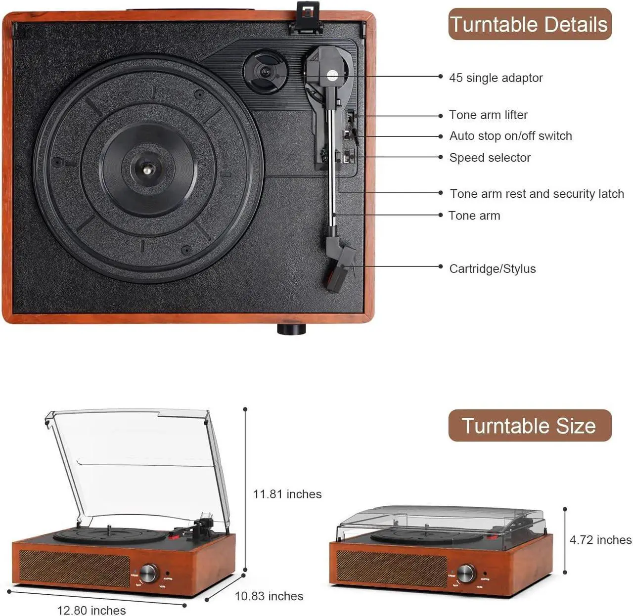 Alt view image 5 of 5 - Bluetooth Turntable Vinyl Record Player with Speakers, 3 Speed Belt Driven Vintage Player for Entertainment AUX in RCA Out