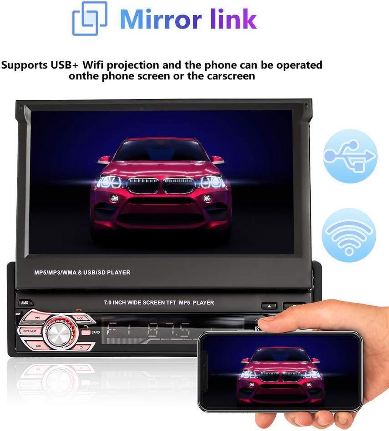 Alt view image 2 of 5 - Car Stereo Single Din Electric Flip Out Car Radio with Bluetooth, Rimoody 7 Inch Touchscreen Mirror Link FM Radio AUX- in USB SD TF Card Input EQ Setting MP5 Player + Backup Camera