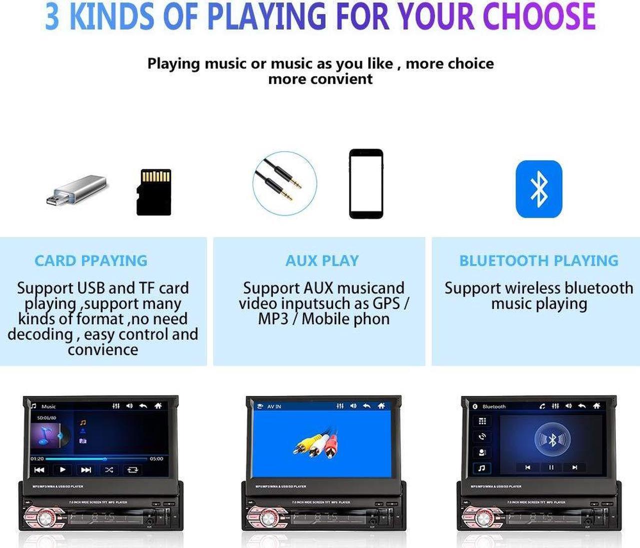 Alt view image 4 of 5 - Car Stereo Single Din Electric Flip Out Car Radio with Bluetooth, Rimoody 7 Inch Touchscreen Mirror Link FM Radio AUX- in USB SD TF Card Input EQ Setting MP5 Player + Backup Camera