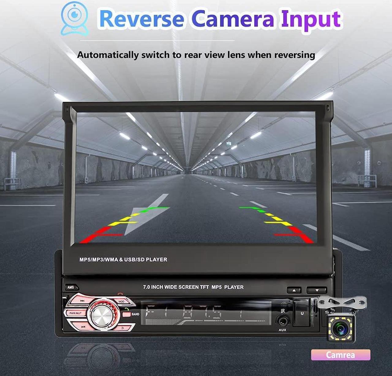 Alt view image 5 of 5 - Car Stereo Single Din Electric Flip Out Car Radio with Bluetooth, Rimoody 7 Inch Touchscreen Mirror Link FM Radio AUX- in USB SD TF Card Input EQ Setting MP5 Player + Backup Camera