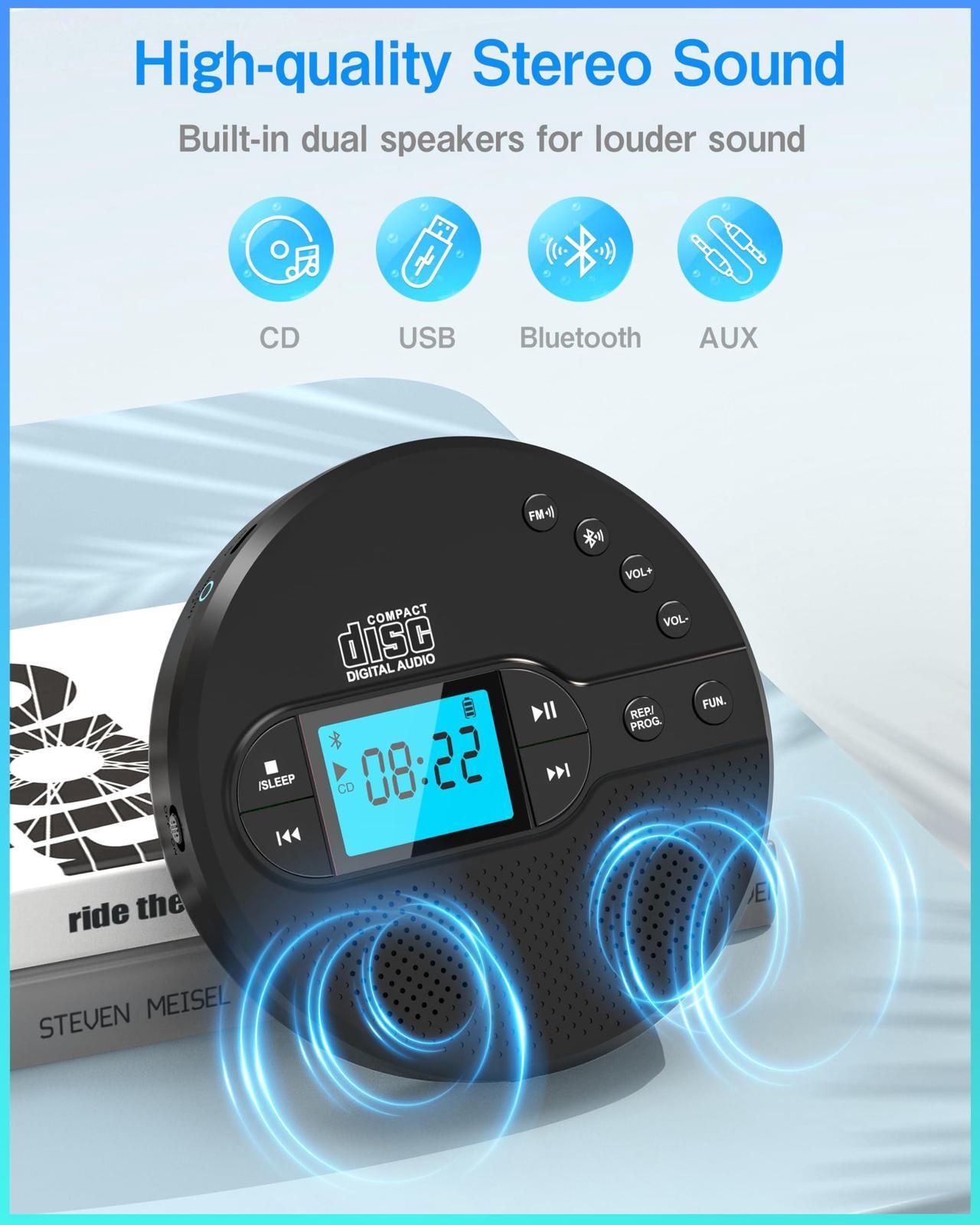 Alt view image 2 of 5 - Sunoony Portable CD Player with Bluetooth, CD Player with FM Transmitter and Speakers for Car, Rechargeable CD Player with Anti-Skip Protection, Headphones, LCD Display (Black)