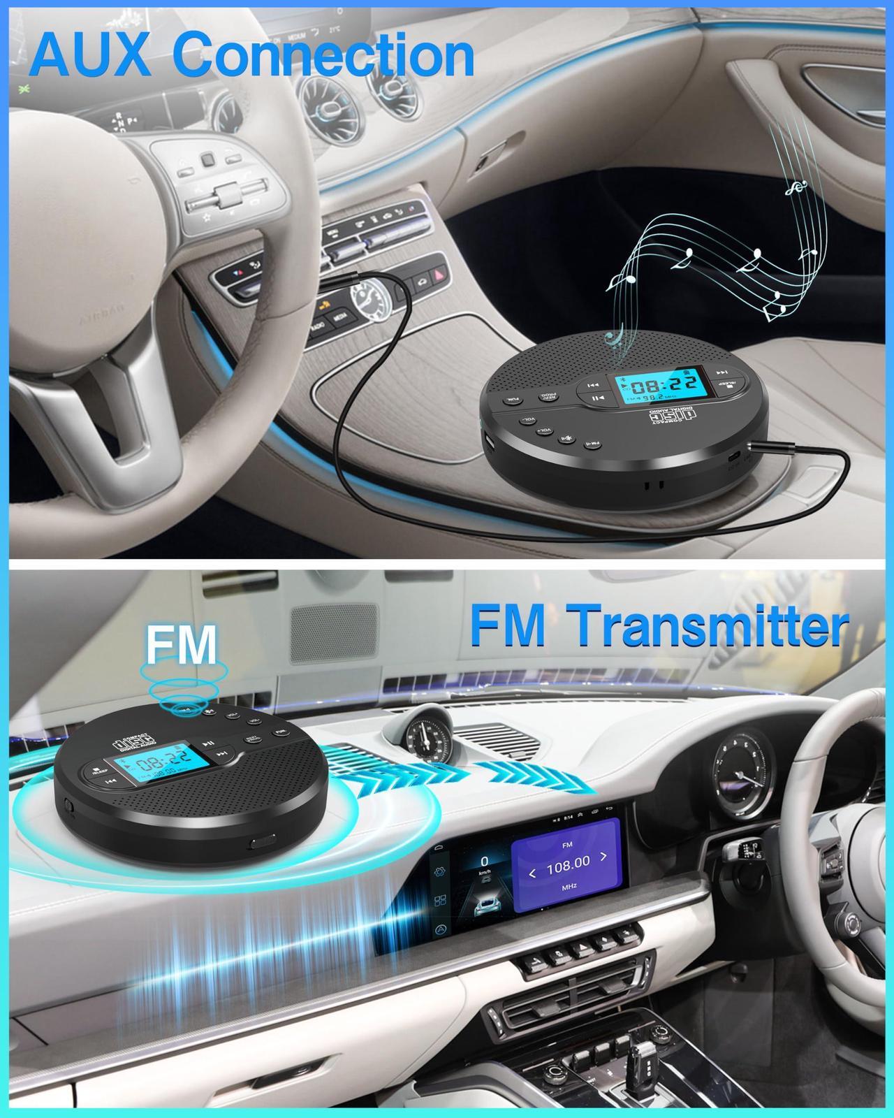 Alt view image 3 of 5 - Sunoony Portable CD Player with Bluetooth, CD Player with FM Transmitter and Speakers for Car, Rechargeable CD Player with Anti-Skip Protection, Headphones, LCD Display (Black)