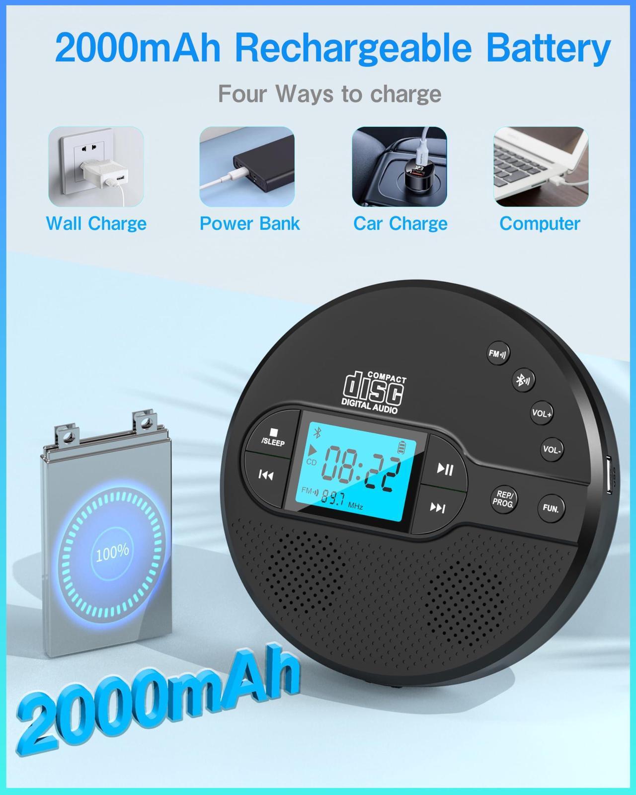 Alt view image 4 of 5 - Sunoony Portable CD Player with Bluetooth, CD Player with FM Transmitter and Speakers for Car, Rechargeable CD Player with Anti-Skip Protection, Headphones, LCD Display (Black)