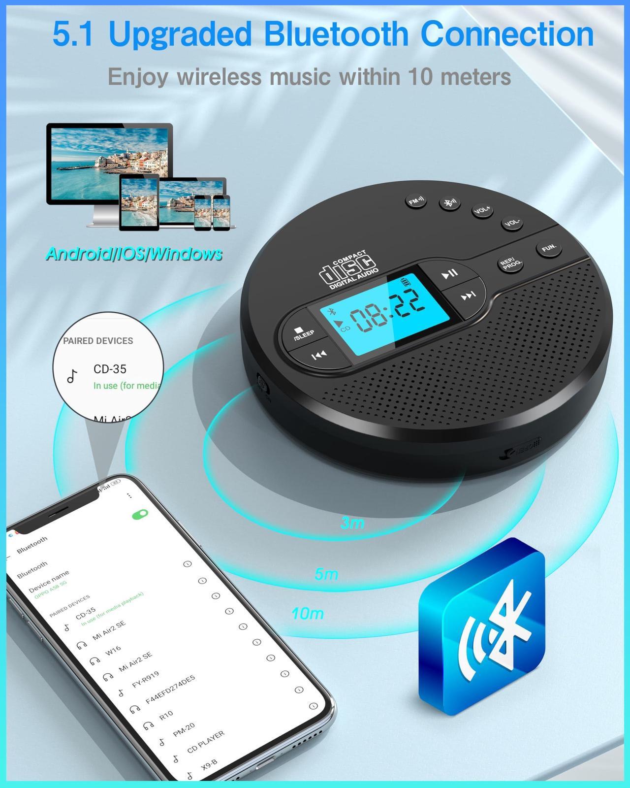 Alt view image 5 of 5 - Sunoony Portable CD Player with Bluetooth, CD Player with FM Transmitter and Speakers for Car, Rechargeable CD Player with Anti-Skip Protection, Headphones, LCD Display (Black)