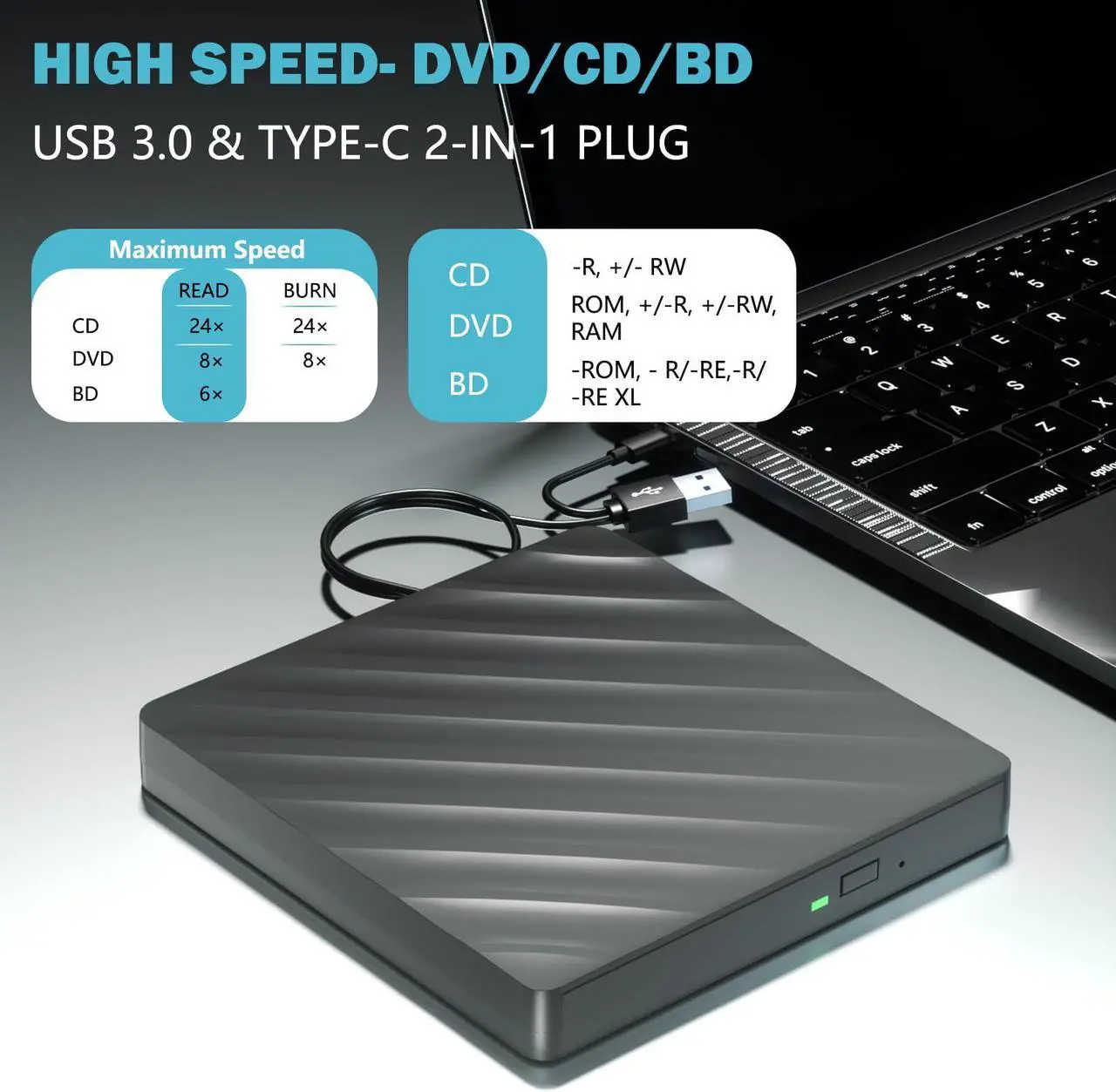 Alt view image 2 of 5 - External Blu Ray Drive, 5 in 1 Portable Blu Ray Player with USB 3.0 Type-C, CD DVD Burner 3D Blu Ray with SD/TF Port, Blu Ray Drive Compatible with Windows Laptop Desktop, Bluray Player for PC