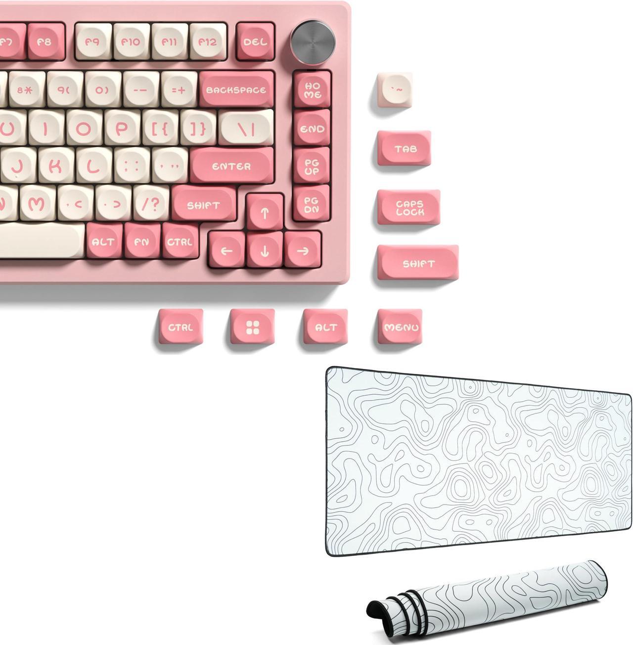 Main image of dagaladoo Pink Custom keycaps Cute,MOA Profile keycaps PBT,Double Shot keycaps 75 Percent bundle with Topographic map XXL White Mousepad Rubber mat Desk pad