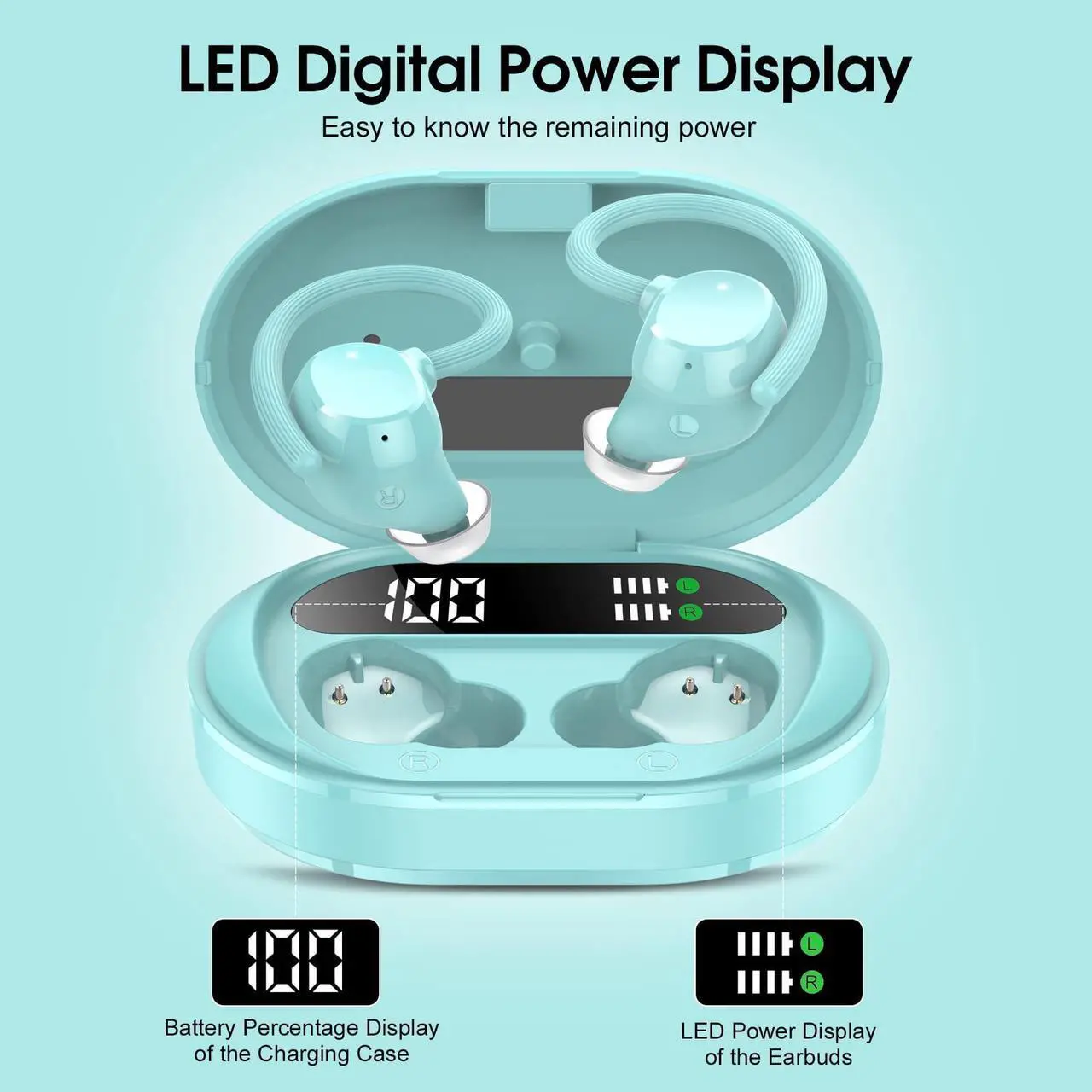 Alt view image 2 of 5 - Wireless Earbuds, 2023 New Ultralight Sport Bluetooth 5.3 Headphones In Ear with LED Display, Built-in Mic Earphones, IPX7 Waterproof Wireless Headphones with Earhooks for Gym Workout (Blue)