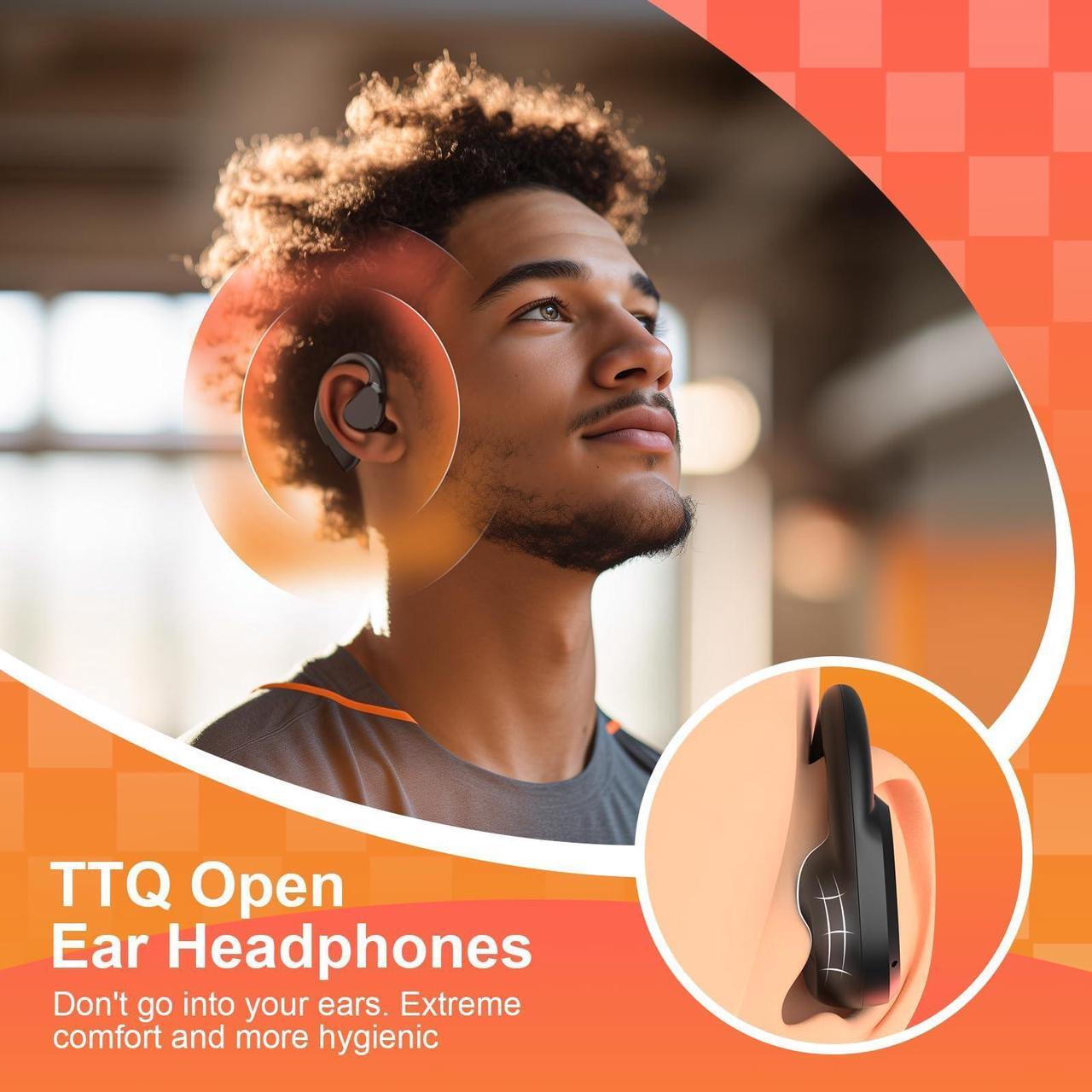 Alt view image 2 of 5 - TTQ Open Ear Headphones, Open Ear True Wireless Earbuds Bluetooth 5.3, Wireless Sports Earbuds with Earhooks, 60H Playtime, Charging Case & LED Display, Waterproof Earbuds for Running Workout