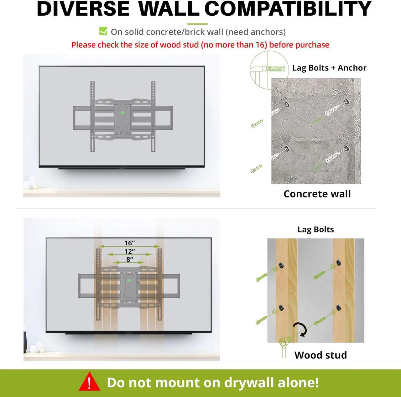 Alt view image 2 of 5 - Full Motion TV Wall Mount for Most 42-85 inch TV, Swivel and Tilt Mount with Dual Articulating Arms Up to 132lbs, VESA 600x400mm, 16" Wood Stud