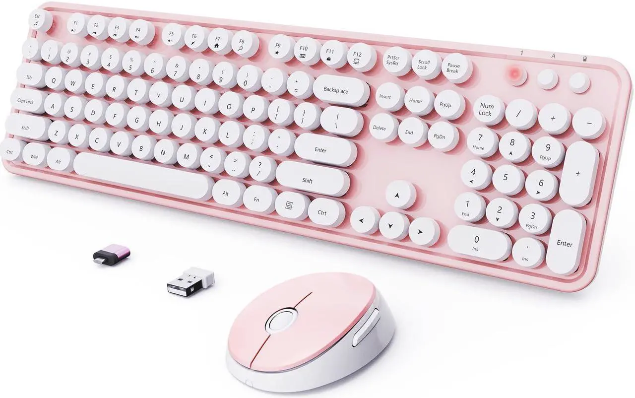 Main image of Wireless Keyboard and Mouse Combo, Ergonomic Full Size Typewriter Retro Round Keycaps Keyboard, Compatible with Windows, PC, Perfer for Home and Office Keyboards (Lovely Pink)