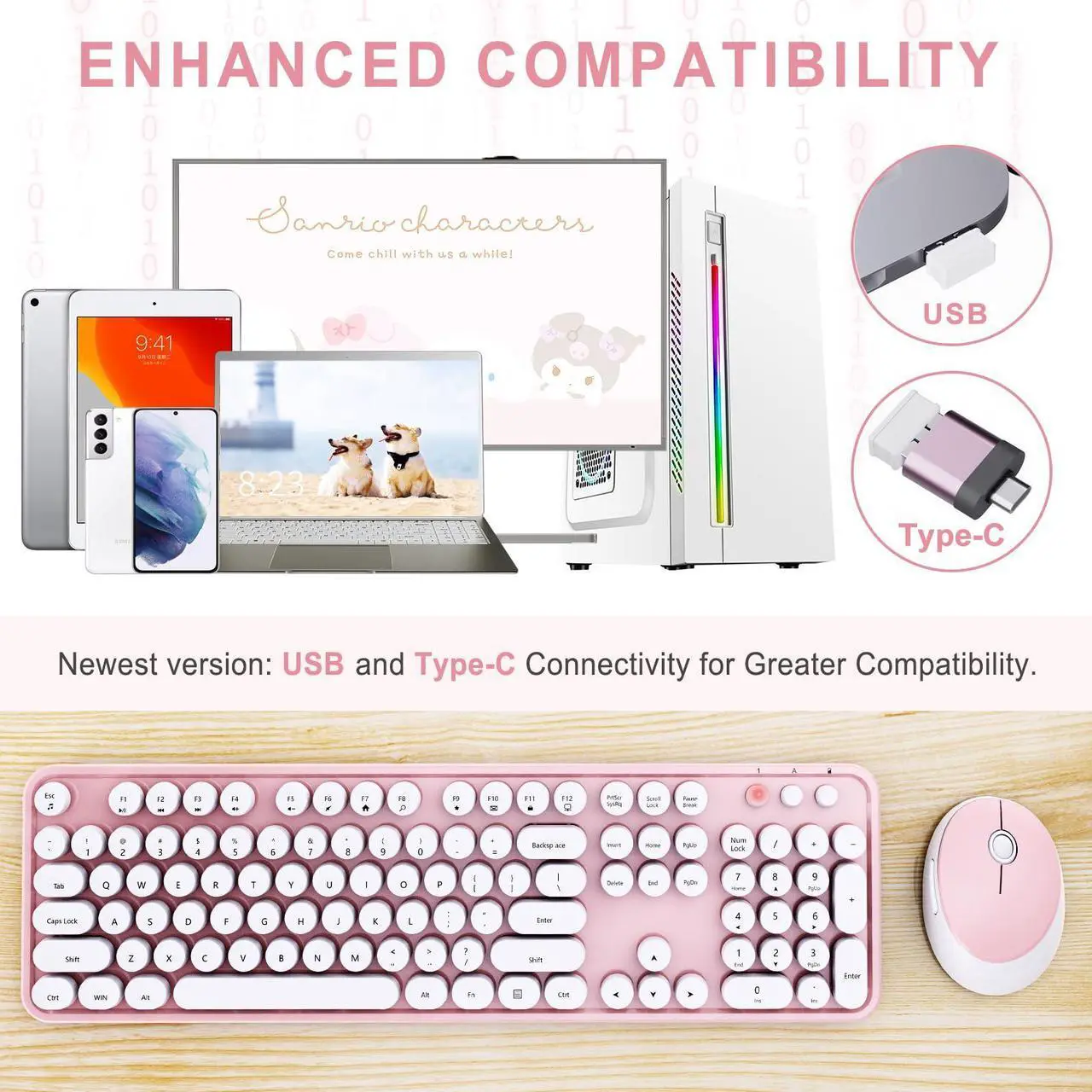Alt view image 2 of 5 - Wireless Keyboard and Mouse Combo, Ergonomic Full Size Typewriter Retro Round Keycaps Keyboard, Compatible with Windows, PC, Perfer for Home and Office Keyboards (Lovely Pink)