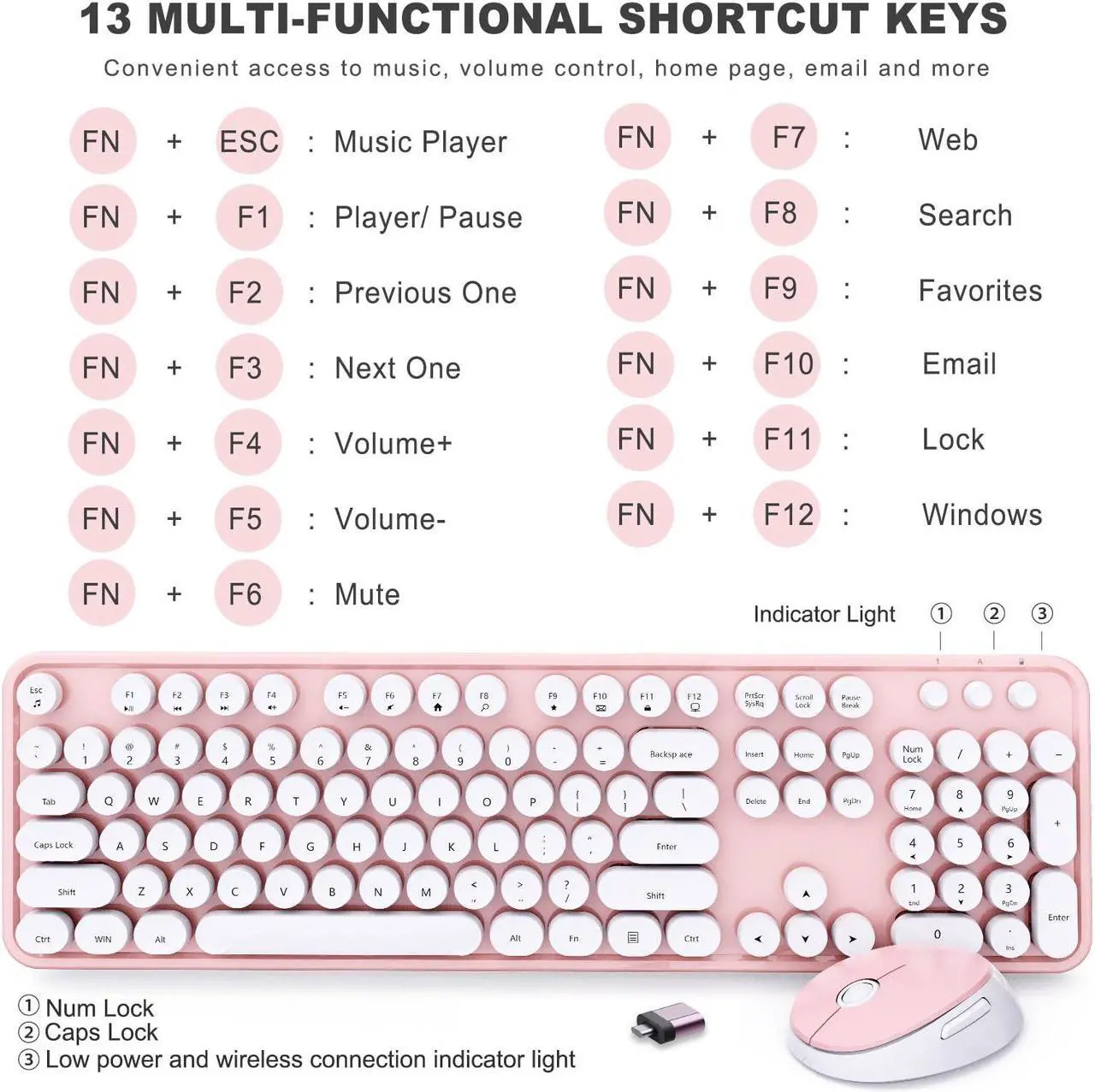 Alt view image 4 of 5 - Wireless Keyboard and Mouse Combo, Ergonomic Full Size Typewriter Retro Round Keycaps Keyboard, Compatible with Windows, PC, Perfer for Home and Office Keyboards (Lovely Pink)