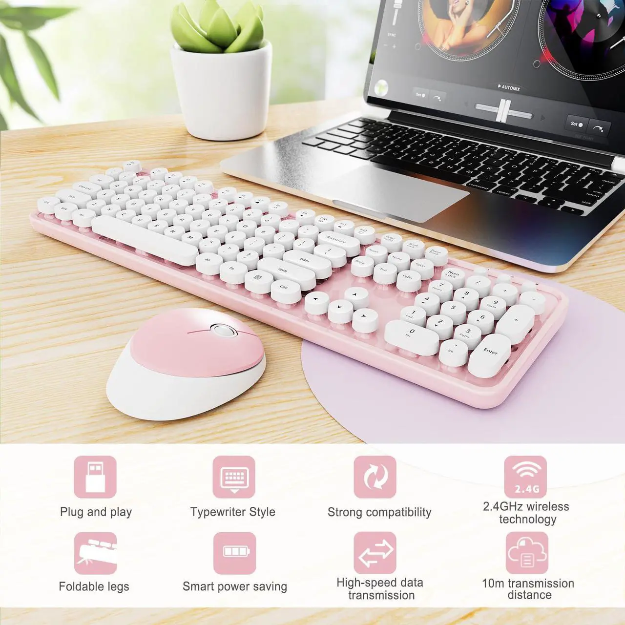 Alt view image 3 of 5 - Wireless Keyboard and Mouse Combo, Ergonomic Full Size Typewriter Retro Round Keycaps Keyboard, Compatible with Windows, PC, Perfer for Home and Office Keyboards (Lovely Pink)