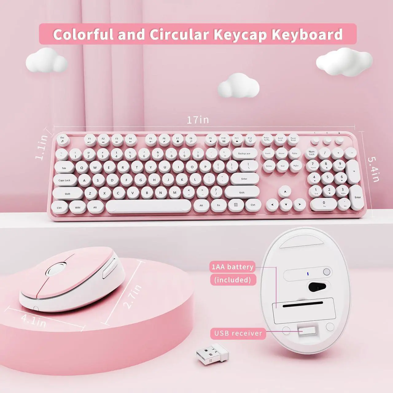 Alt view image 5 of 5 - Wireless Keyboard and Mouse Combo, Ergonomic Full Size Typewriter Retro Round Keycaps Keyboard, Compatible with Windows, PC, Perfer for Home and Office Keyboards (Lovely Pink)