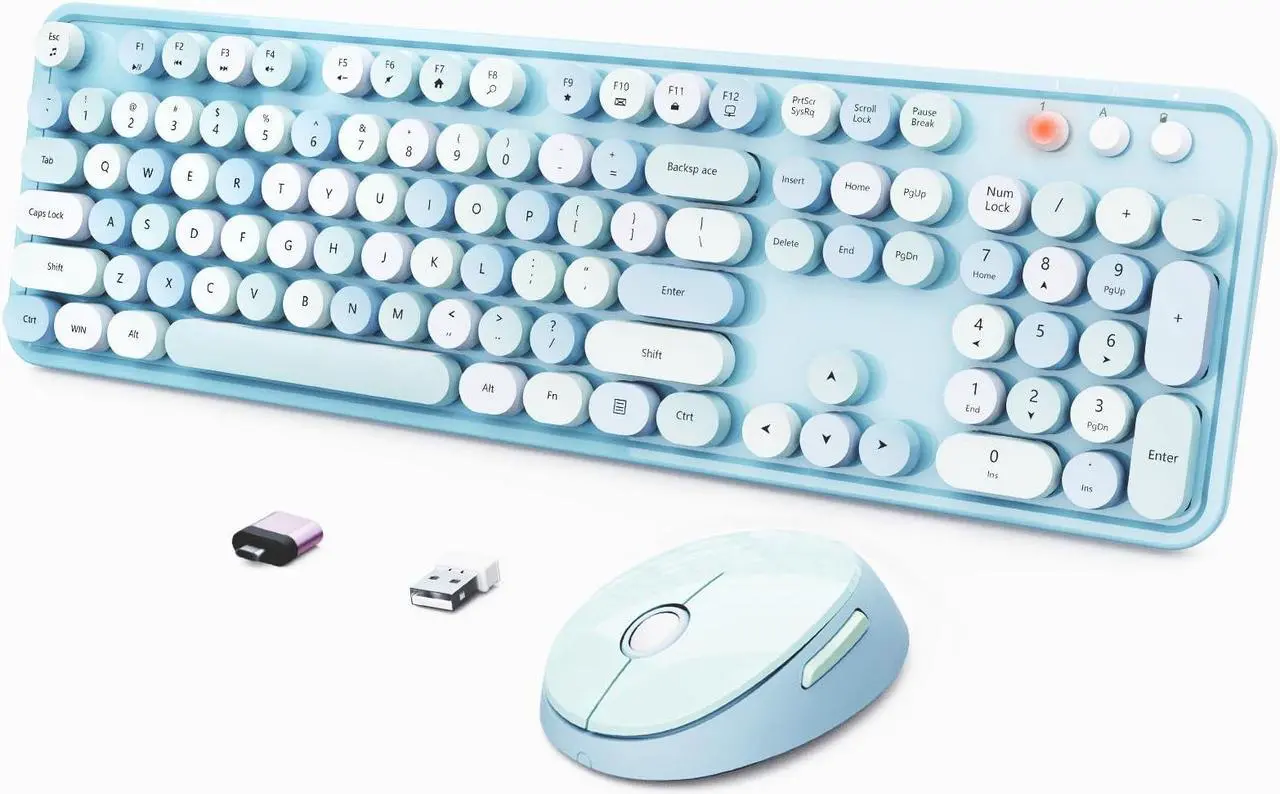 Main image of Wireless Keyboard and Mouse Combo, Ergonomic Full Size Typewriter Retro Round Keycaps Keyboard, Compatible with Windows, PC, Perfer for Home and Office Keyboards (Blue