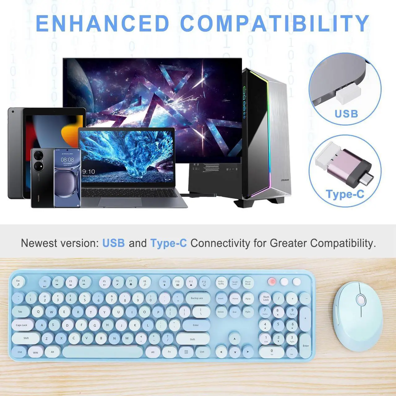 Alt view image 2 of 5 - Wireless Keyboard and Mouse Combo, Ergonomic Full Size Typewriter Retro Round Keycaps Keyboard, Compatible with Windows, PC, Perfer for Home and Office Keyboards (Blue