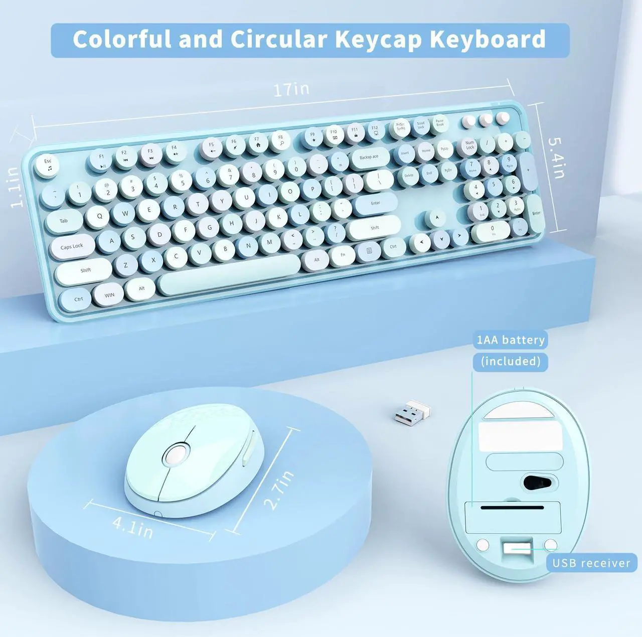 Alt view image 5 of 5 - Wireless Keyboard and Mouse Combo, Ergonomic Full Size Typewriter Retro Round Keycaps Keyboard, Compatible with Windows, PC, Perfer for Home and Office Keyboards (Blue