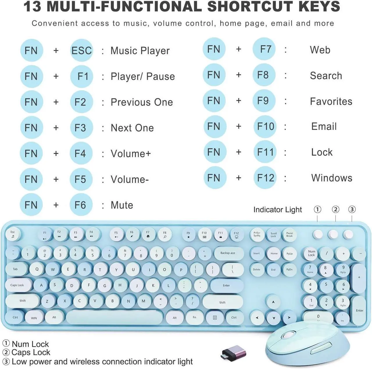 Alt view image 4 of 5 - Wireless Keyboard and Mouse Combo, Ergonomic Full Size Typewriter Retro Round Keycaps Keyboard, Compatible with Windows, PC, Perfer for Home and Office Keyboards (Blue