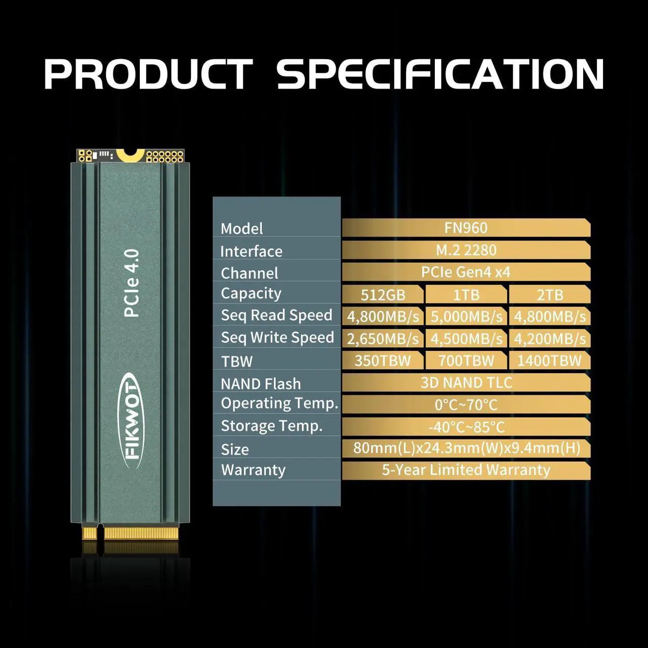 Alt view image 4 of 5 - Fikwot FN960 512GB M.2 2280 PCIe Gen4 x4 NVMe 1.4 Internal Solid State Drive with Heatsink - Speeds up to 4,800MB/s, Dynamic SLC Cache, Compatible PS5 Internal SSD