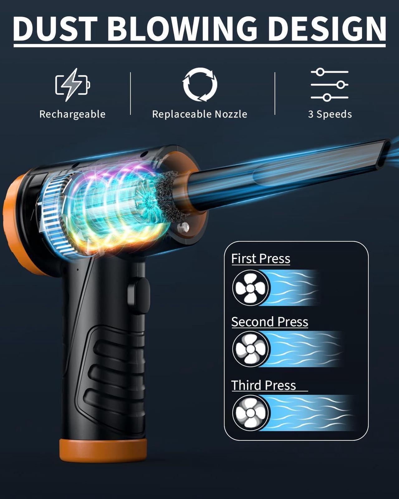 Alt view image 2 of 5 - Powerful Compressed Air Duster for Deep Cleaning-Replace Compressed Air Can-No Canned Air Duster-Keyboard Cleaner-PC Cleaning-Rechargeable-3-Speeds-95000RPM Cordless Air Blower-Car Duster-Orange