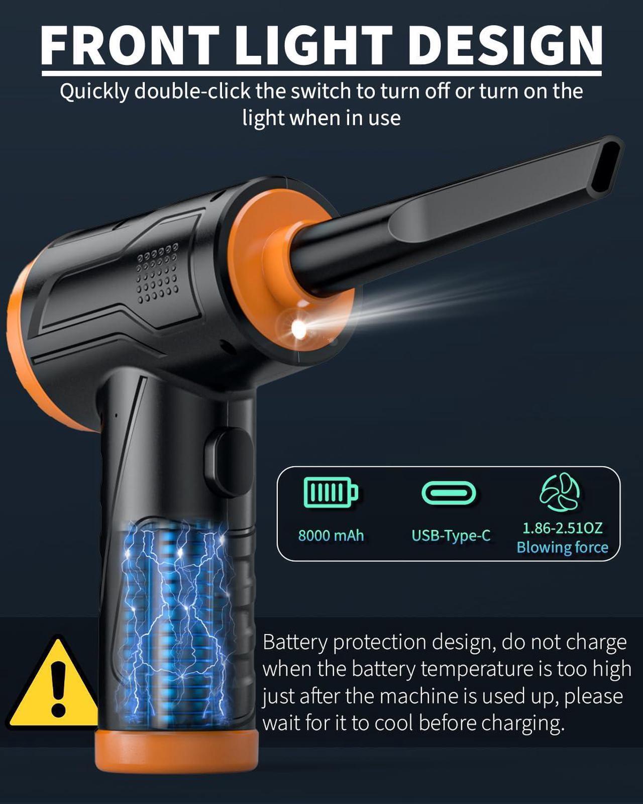 Alt view image 4 of 5 - Powerful Compressed Air Duster for Deep Cleaning-Replace Compressed Air Can-No Canned Air Duster-Keyboard Cleaner-PC Cleaning-Rechargeable-3-Speeds-95000RPM Cordless Air Blower-Car Duster-Orange