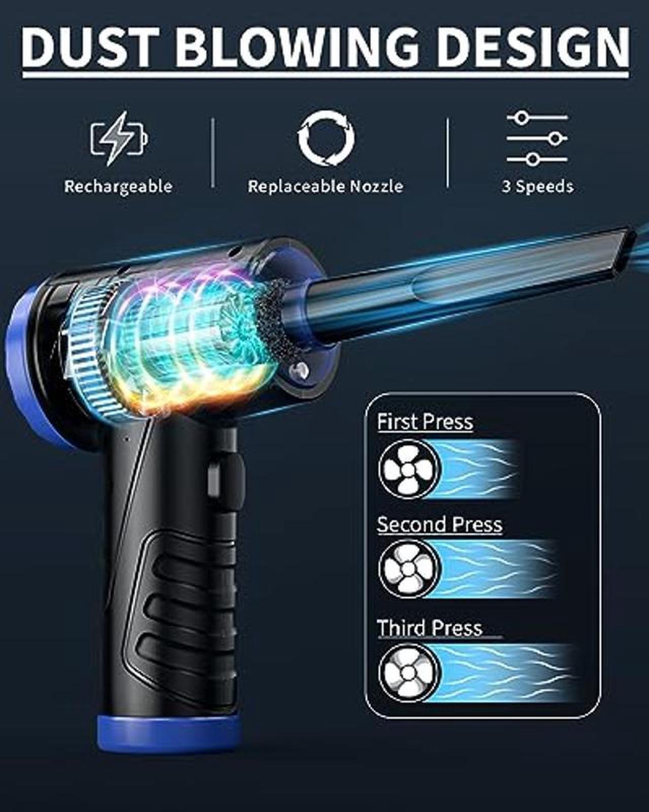 Alt view image 2 of 5 - Powerful Compressed Air Duster for Deep Cleaning-Replace Compressed Air Can-No Canned Air Duster-Keyboard Cleaner-PC Cleaning-Rechargeable-3-Speeds-95000RPM Cordless Air Blower-Car Duster-Blue