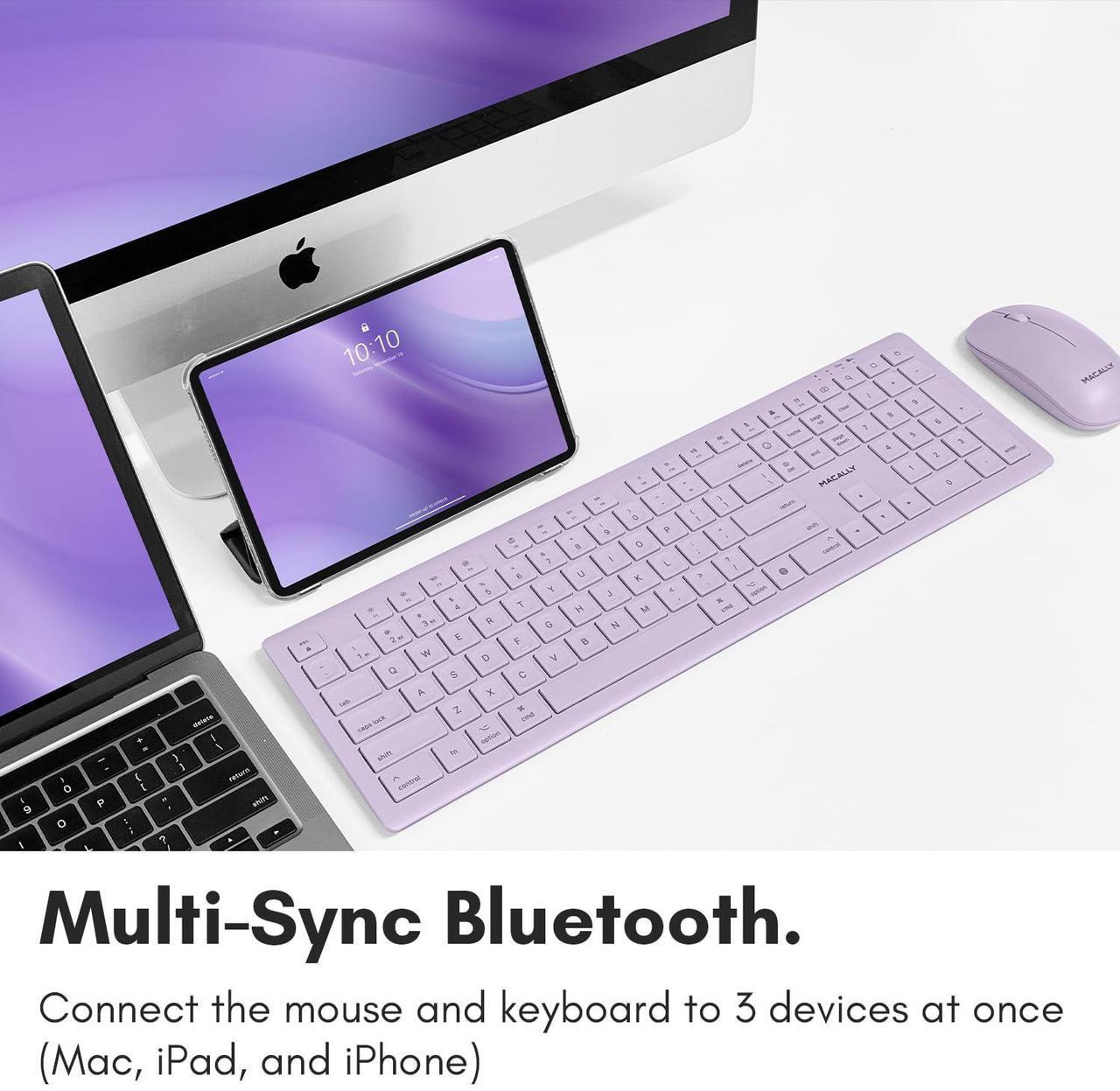 Alt view image 3 of 5 - Macally Bluetooth Keyboard and Mouse Combo for Mac, iPad, iPhone - Vibrant iMac Colors - (3 Channels, Rechargeable, Full Size, Emoji Keys) - Mac Mouse and Keyboard Combo Wireless - Purple